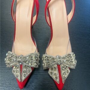 Red Jeweled Bow Pointed Toe Slingback Heels🥰